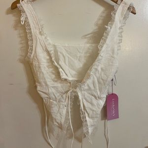 Tie Front Lace Trim White Tank Top